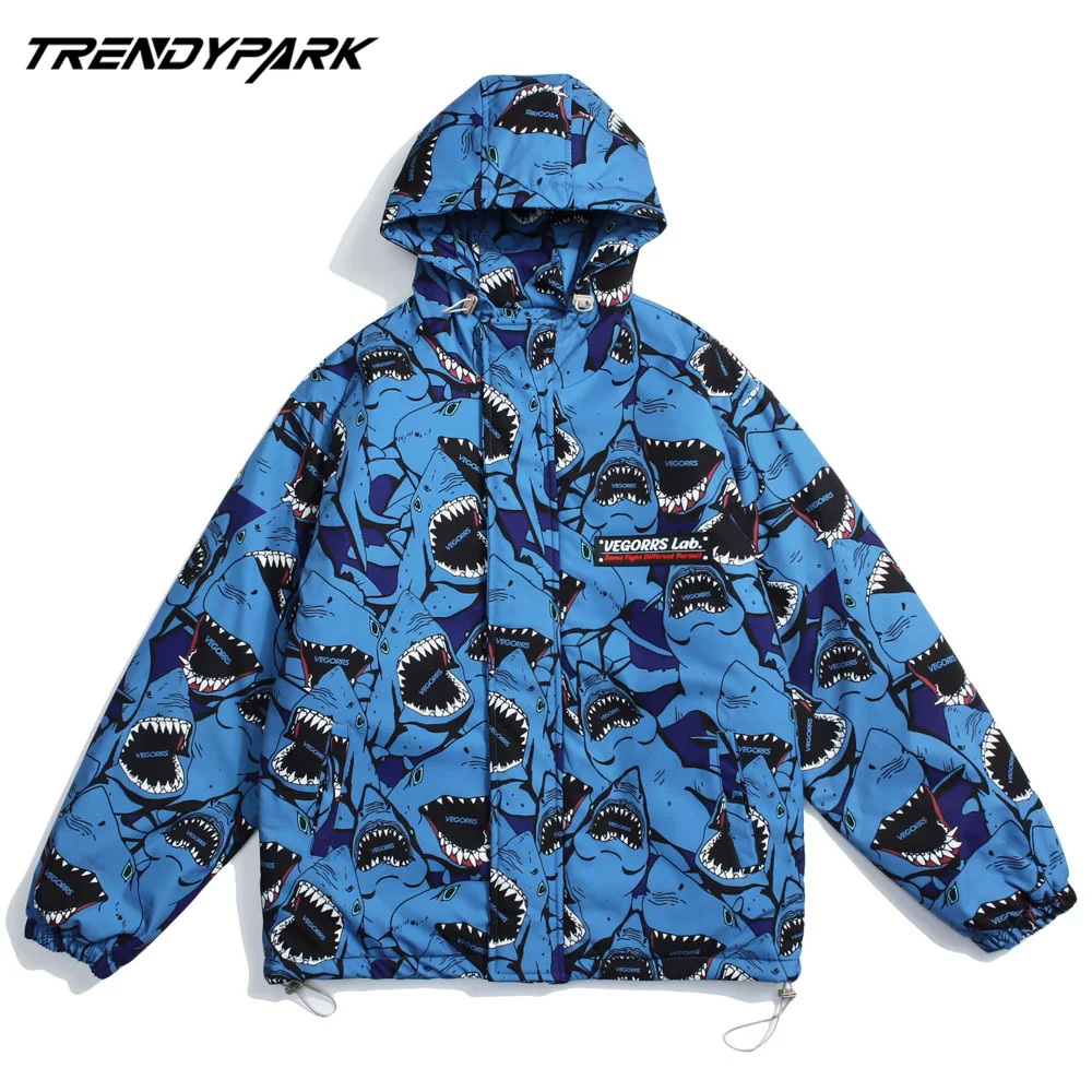 

Men's Winter Jacket Thick Warm Hooded with Hat Windbreaker Coat Blue Shark Tooth Printed Jacket for Men Clothing Trench Coat