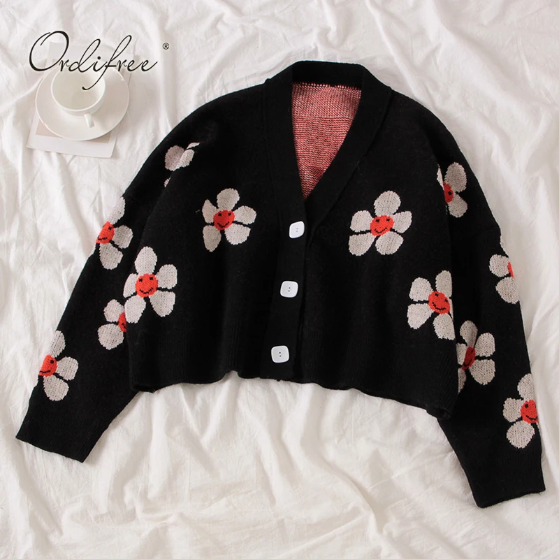 Ordifree Autumn Winter Women Knitted Cardigan Floral Print Vintage Cute Ladies Christmas Sweater Cardigan Jumper Pull