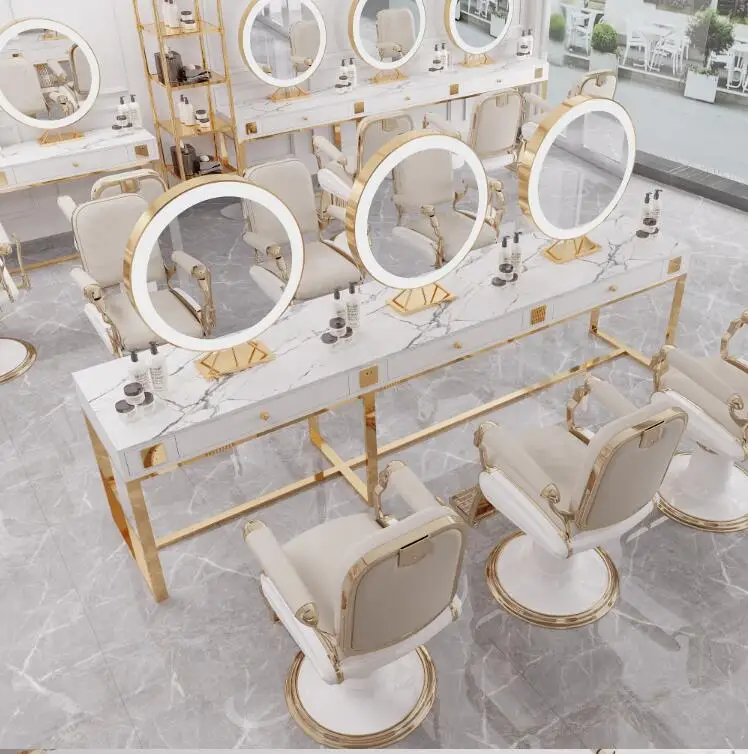 Barber shop jingtai hair salon dyeing table marble beauty salon double-sided mirror with lamp