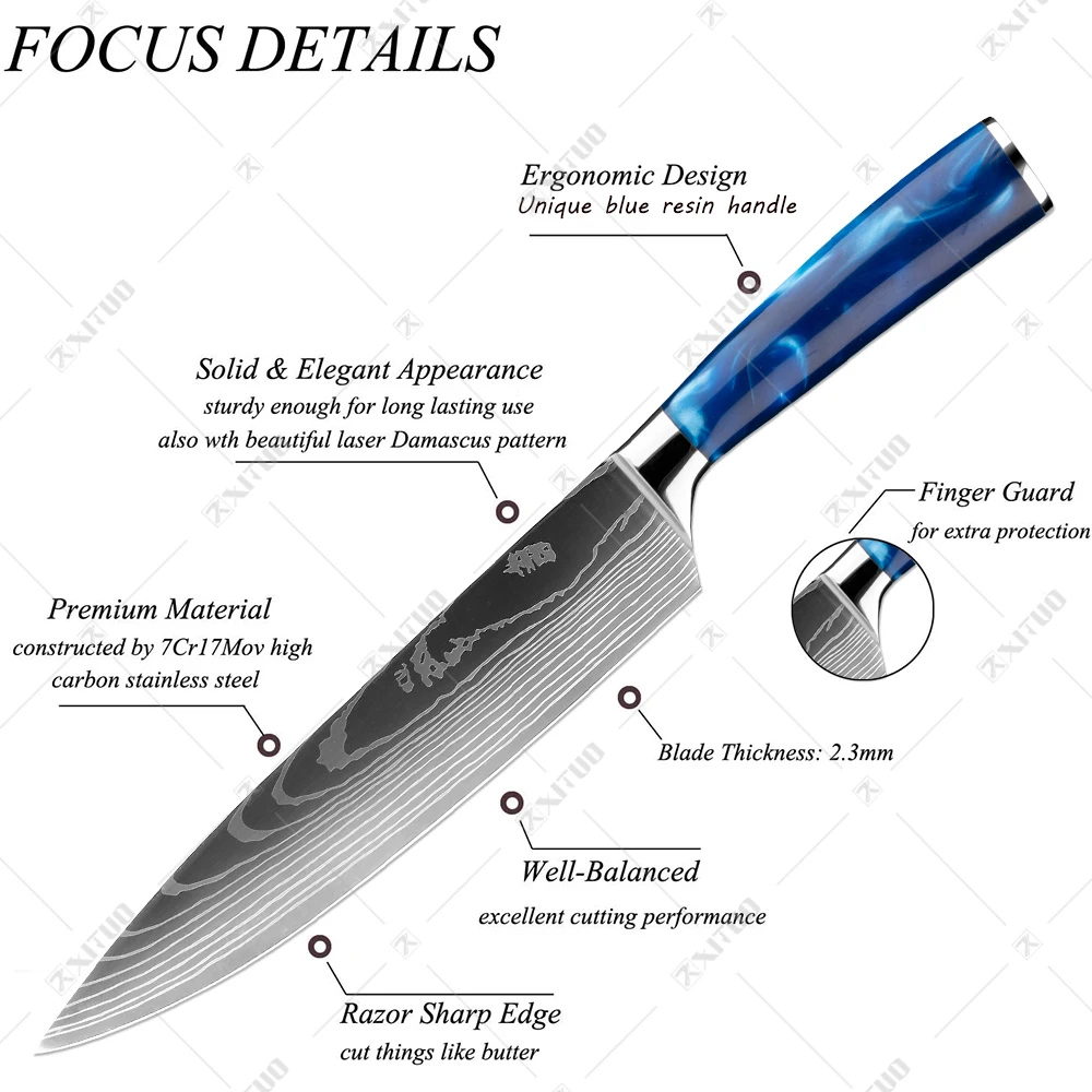 XITUO Kitchen Knife Set Japanese Chef Knives 7CR17 Stainless Steel Damascus Laser Slicing Santoku Cleaver 1-10pc Kitchen Knifes