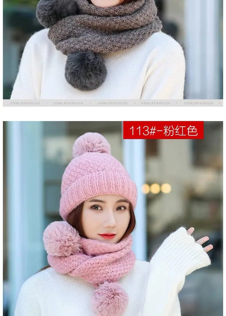 Женская зимняя вязаная шапка, шарф, набор, pom poms beanie, набор шарфов, одноцветная шапочка