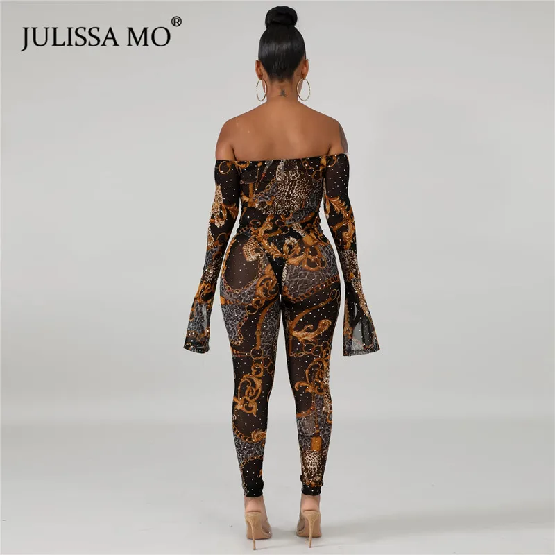 JULISSA MO сексуальный комбинезон с принтом женский костюм из двух предметов с открытыми плечами с расклешенными рукавами Обтягивающие Комбинезоны модные комбинезоны с блестками