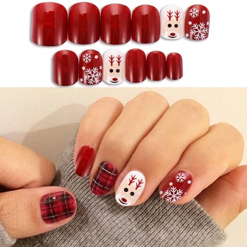 

24PcsRound Fake Nails Flat Top Fake Nails Artificial Nails ForLady Christmas False Nails New Design Daily Decoration ForManicure