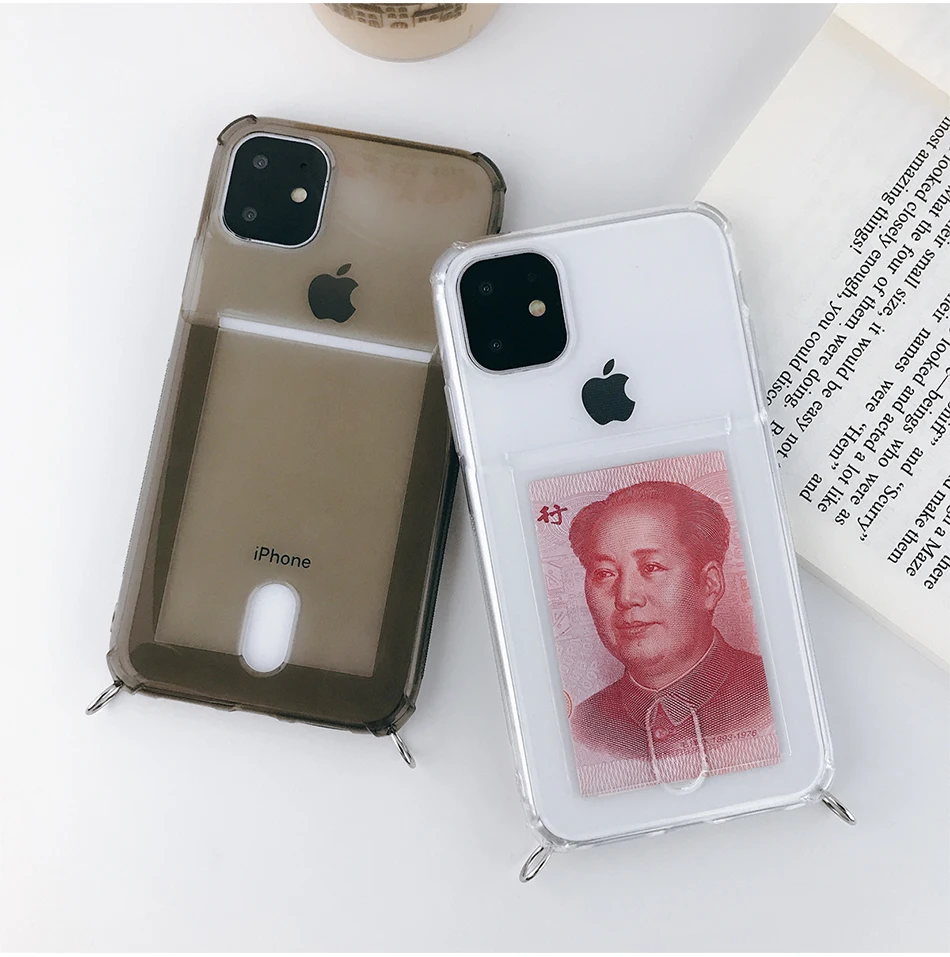 KJOEW подушка безопасности ID держатель для кредитных карт Мягкий ТПУ Прозрачный чехол для телефона на цепочке для iPhone 11 Pro XS MAX X XR 8 7 6 S Plus