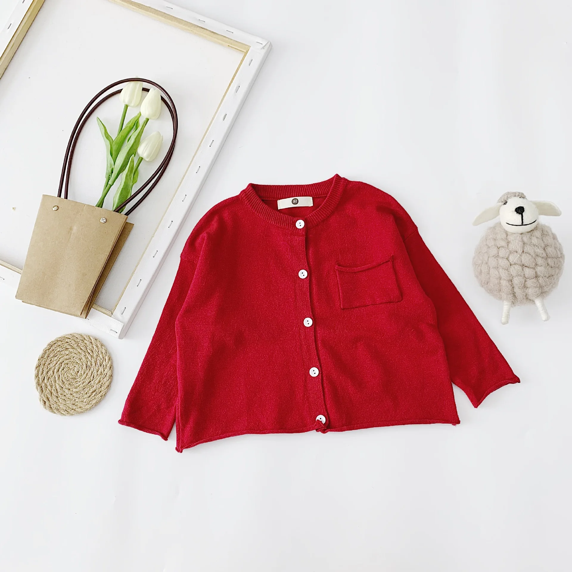 Simple Style Baby Knitted Sweater Korean Toddler Baby Boys Girls Solid Color Cardigan Sweaters Kids O- Neck Sweater with Pocket - Цвет: red