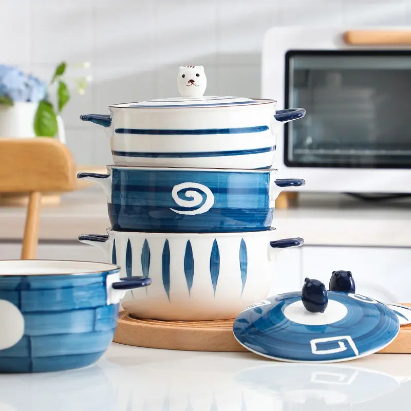 Creative Ceramic Noodle Bowl with Lid Hand-painted Soup Double Ear Anti-scalding Tableware Pot Dessert Fruit Kitchen Tool | Дом и сад