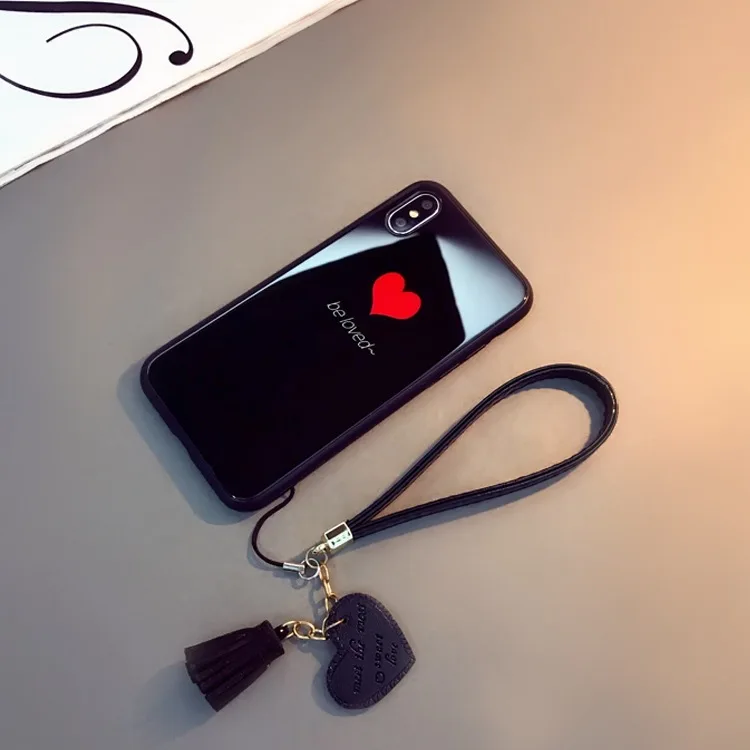BALCK2 Для Xiaomi Redmi Note 8 Pro S2 5A 5 Plus 6A 7 Pro 4X 8A чехол из закаленного стекла с сердечком задняя крышка с кисточками ремешок для Note 7 Pro - Цвет: BALCK2