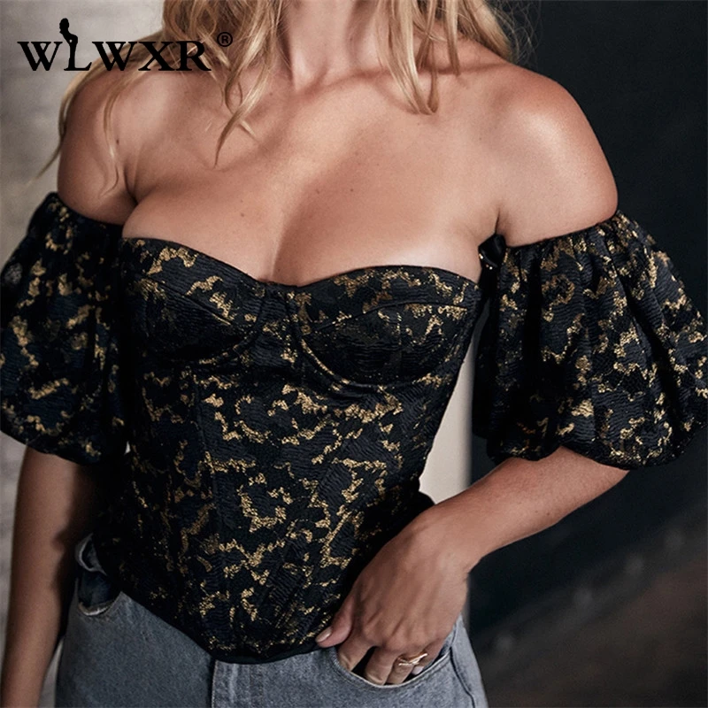 WLWXR без бретелек Bodycon сексуальный укороченный Топ для женщин на молнии с открытой спиной Slash шеи черная блузка рубашка женская с пышными рукавами Женская Клубная блуза