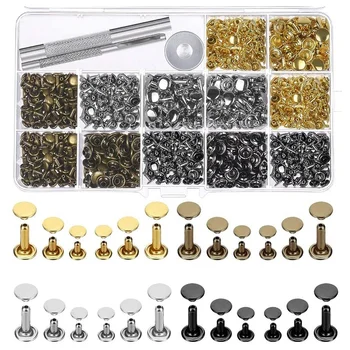 

480 Sets Leather Rivets Double Cap Rivet Tubular Metal Studs with 3Pcs Setting Tool Kit for Leather Craft Decoration