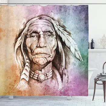 

Colorful Shower Curtain, Portrait of Chief with Feather Band Watercolor Style Image, Cloth Fabric Bathroom Decor Set with Hooks