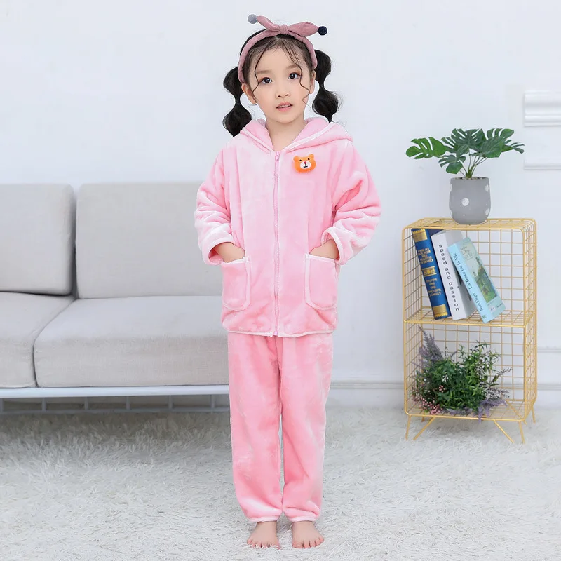Милая фланелевая детская тёплая Пижама с капюшоном Одежда для мальчиков и девочек Домашняя одежда, пижамный комплект, одежда для сна с длинными рукавами банный Халат