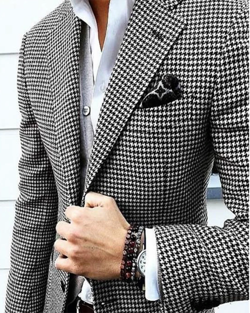 

Hot Sale Black Plaid Suits Houndstooth Men Suits 1pcs Costume Wedding Jacket Tuxedos Prom Suits Only One Coat+Tie