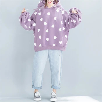 

Winter Korean Style Plus Size Cute Printed Women Hoodie Japanese Warm Fleece Heart Graphic Purple Kawaii Oversized Sweatshirt