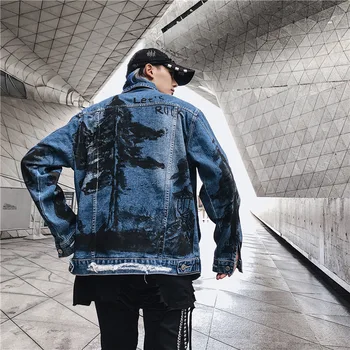 

2019 New Streetwear Coconut Tree Print Jeans Coat Men Women Denim Jackets Vintage Hip Hop Fashion Jacket Male