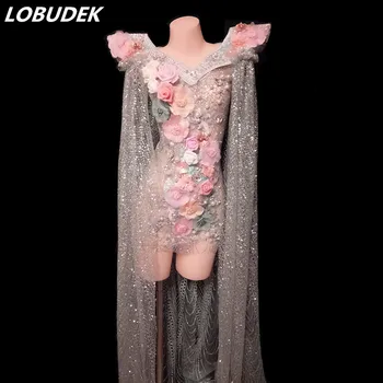 

Luxury Women Singer Concert Performance Costume Silver Glitter Powder Flower Transparent Tailing Dress Models Catwalk Long Dress