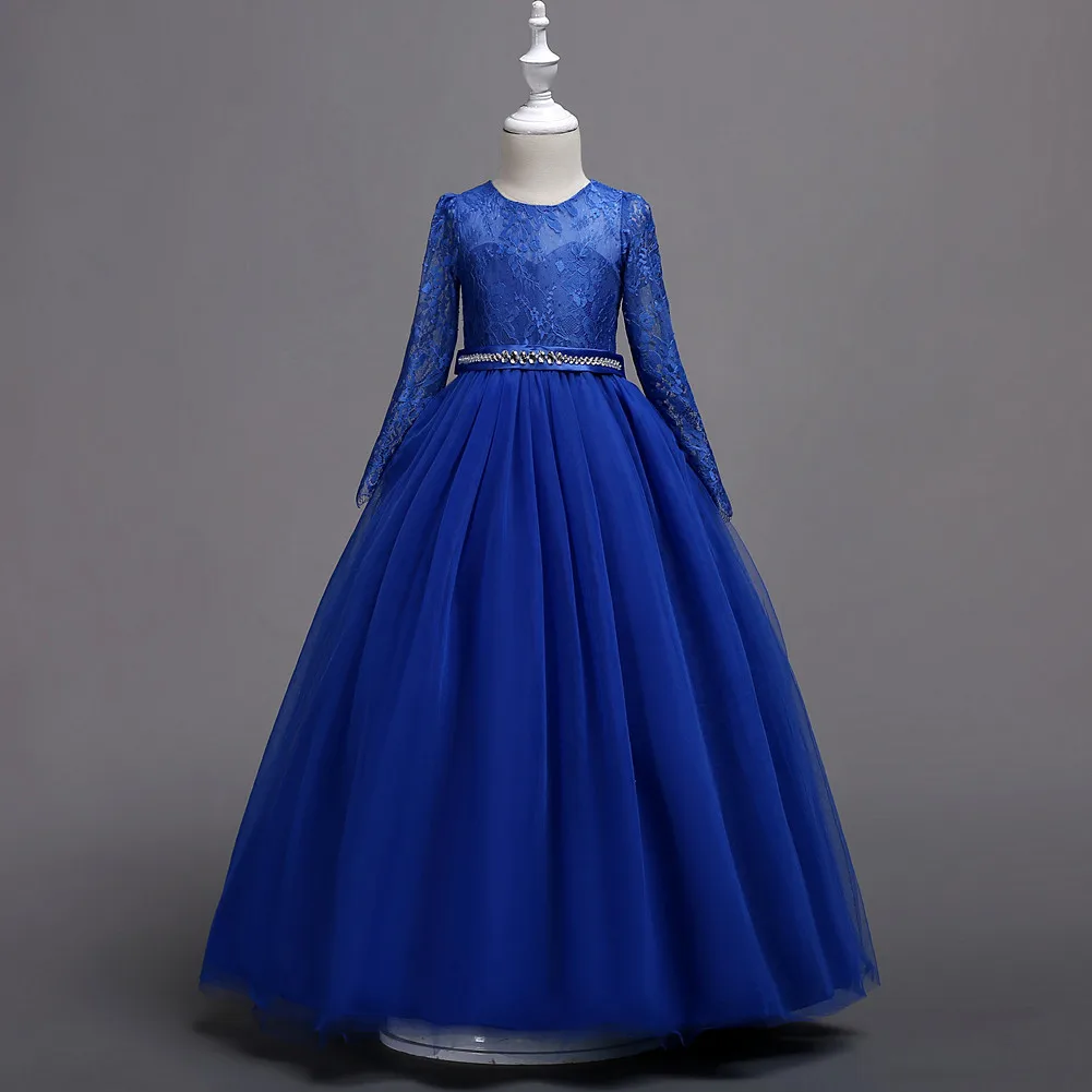 

X083 Floor-length Children Prom Ball Gowns Long Sleeve Tulle Blue Crystal Applique Pageant Dresses for Girls for A Wedding