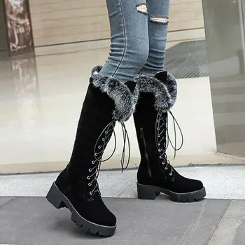 

Womens Chunky Heels Mid Calf Boots Fur Trim Lace up Autumn Casual Warm Shoes New