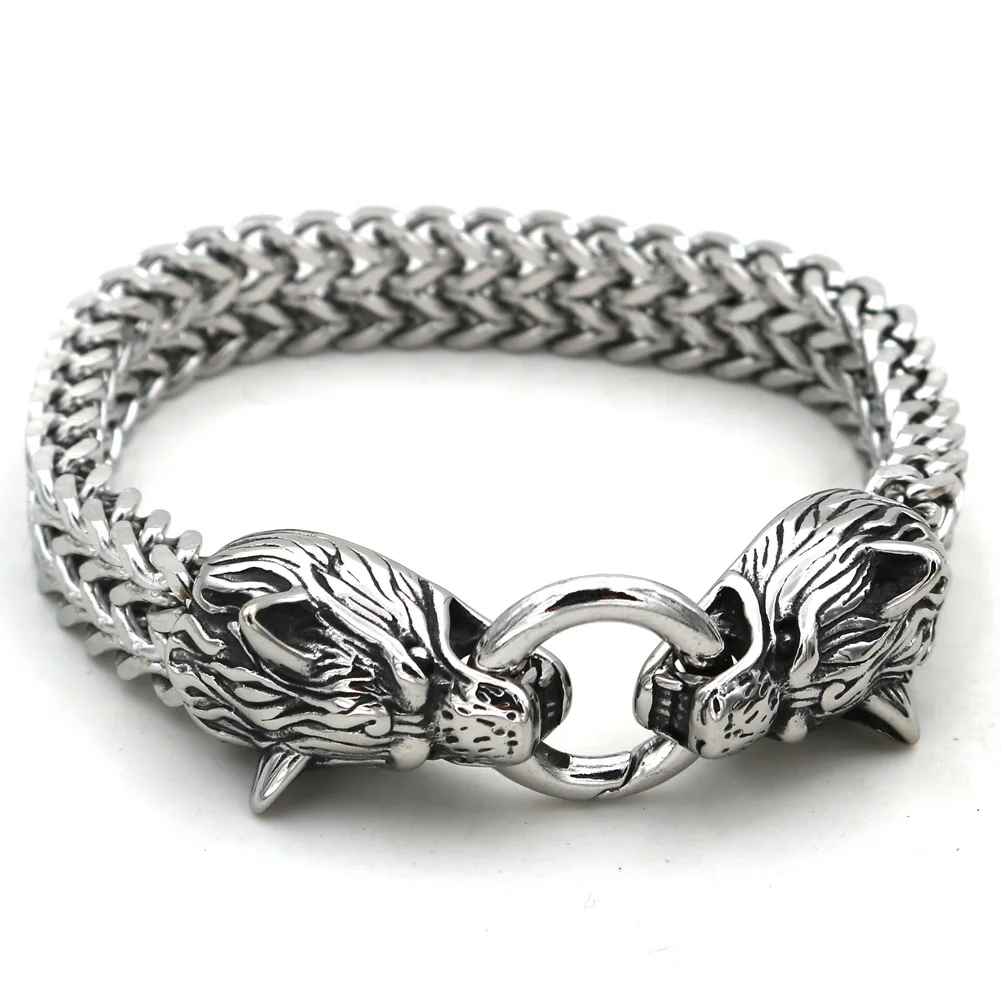 Viking Wolf Charm Bracelet Men's Stainless Steel Mesh Chain Wolf Punk Rock Bracelets Biker Jewelr 2