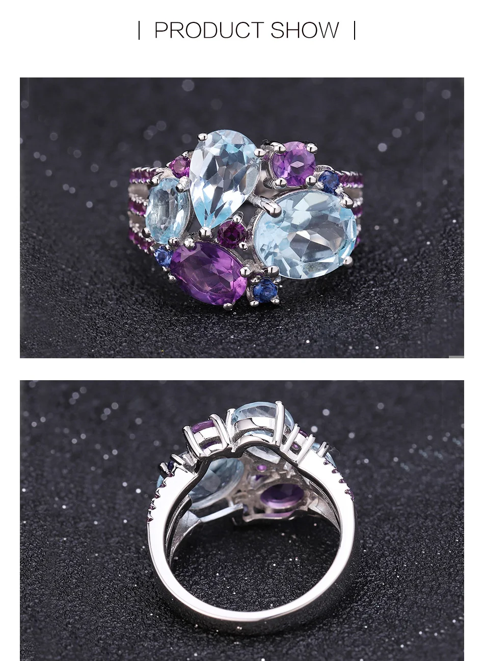 GEM'S BALLE, настоящее 925 пробы, серебряные, яркие, ювелирный набор, Натуральный топаз, аметист, кольцо, серьги-гвоздики для женщин, хорошее ювелирное изделие