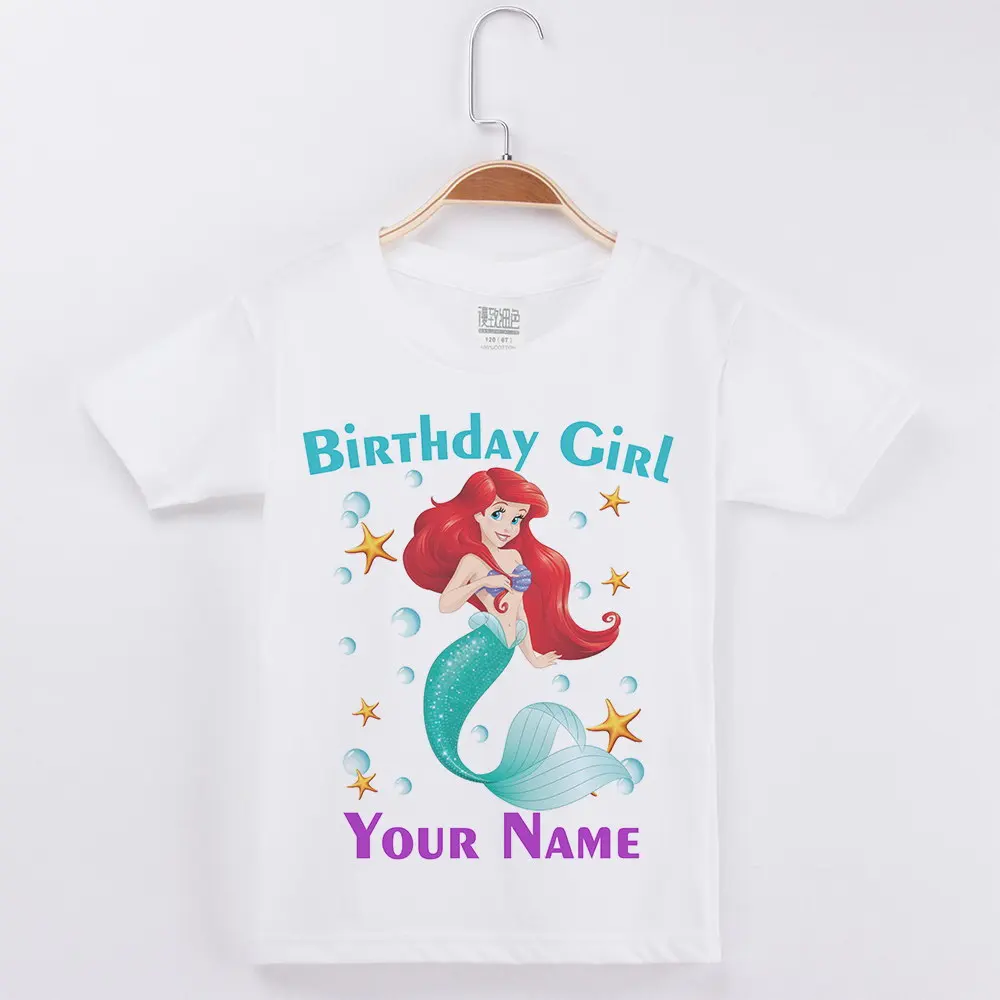 Happy Birthday tee Baby Girl Mermaid Print Girls Shirts Number 3-12 Name Birthday Present Party Tees Kids Clothes children t shirt