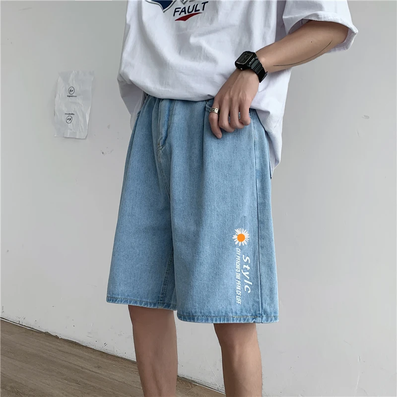 2021 summer denim shorts men's trendy straight baggy pants casual versatile handsome five point pants streetwear gym