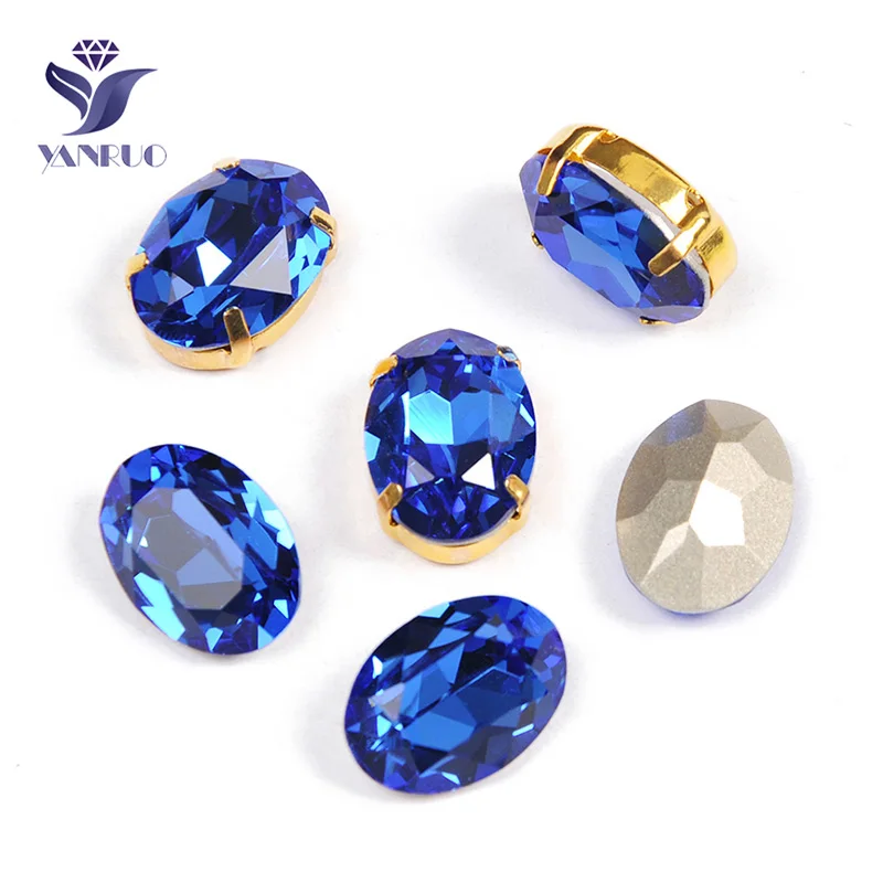 YANRUO 4120 Oval Blue Sapphire K9 Crystal With Silver Claws Rhinestones Sew On Strass Glass Sewing Dress Pointback Stones Gems | Дом и сад