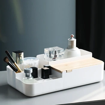 

Japanese Plastic Makeup Storage Box with Wood Lid Jewelry Cosmetic Storage Boxes Lipstick Holder Home Organizer For Necklace