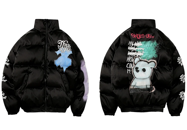 Мужская куртка в стиле хип-хоп, парка, рисунок медведя, граффити, уличная одежда, мужская ветровка, Harajuku, зимняя стеганая куртка, пальто, теплая верхняя одежда