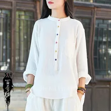 Las mujeres camisa de lino chino superior estilo Retro Vintage blusa Camisa de algodón chica Tai Chi o-Cuello Tang traje transpirable suave Casual trajes Hanfu