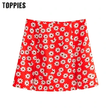 

women red daisy printing mini skirts side split sexy summer skirts high waist streetwear