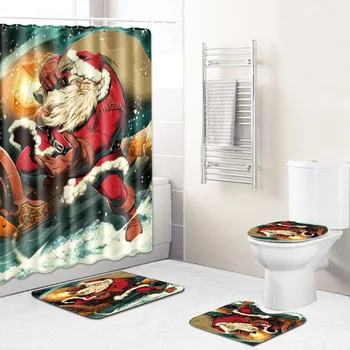 

Christmas Shower Curtain Mat Combination Four-Piece Set Bathroom Toilet Carpet Shower Room Mat Mat Cross-Border Hair