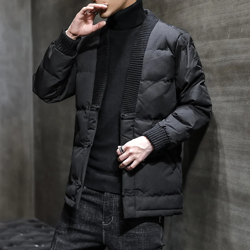 Winter New Jacket Men's Warm Thick Fashion Solid Color V-neck Casual Coat Man Streetwear Wild Loose Cotton Parka Men Clothes