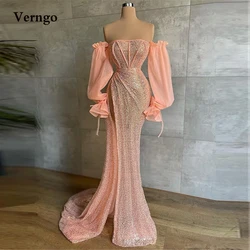 Verngo Exquisite Nude Pink Mermaid Prom Dresses Puff Long Sleeves Strapless Bones High Side Slit Long Party Evening Dress 2022