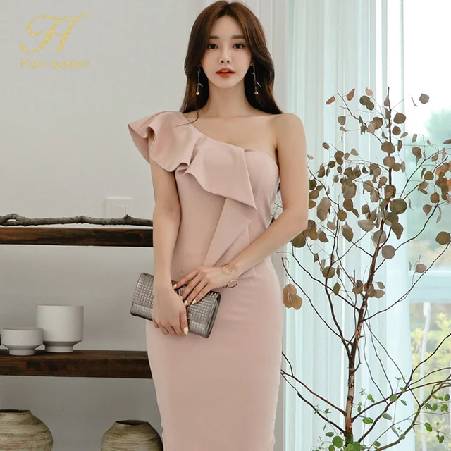 H Han Queen Sexy Pencil Dress oblique shoulder Elegant ruffle Office Work vestidos Business Formal Party Women Bodycon Dress 2