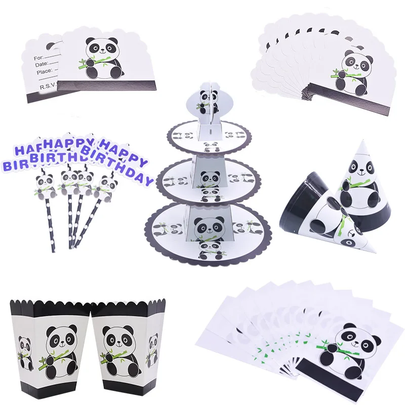 

Panda Theme Party Cute Panda Balloon Disposable Tableware Set Paper Straw Candy Bag For Baby Shower Kids Birthday Decor Supplies