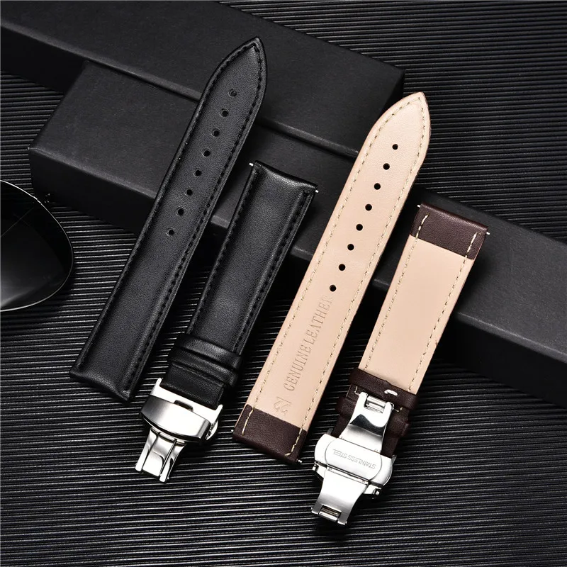 Premium Leather Watchband with Stainless Steel Butterfly Buckle