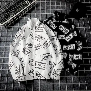 

Loose Stand Collar Jacket Men's Trendy Letter Print Coat Sun Protection Men's Streetwear Long Sleeve Top
