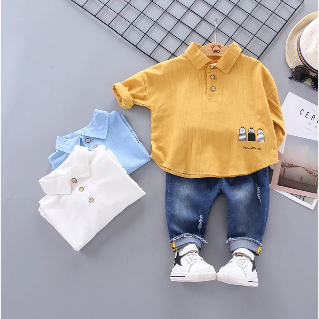 Toddler Kids Baby Boys clothes ropa niña одежда для новорожденных Cartoon T Shirt Pullover Denim Long Pants Outfits Set#4