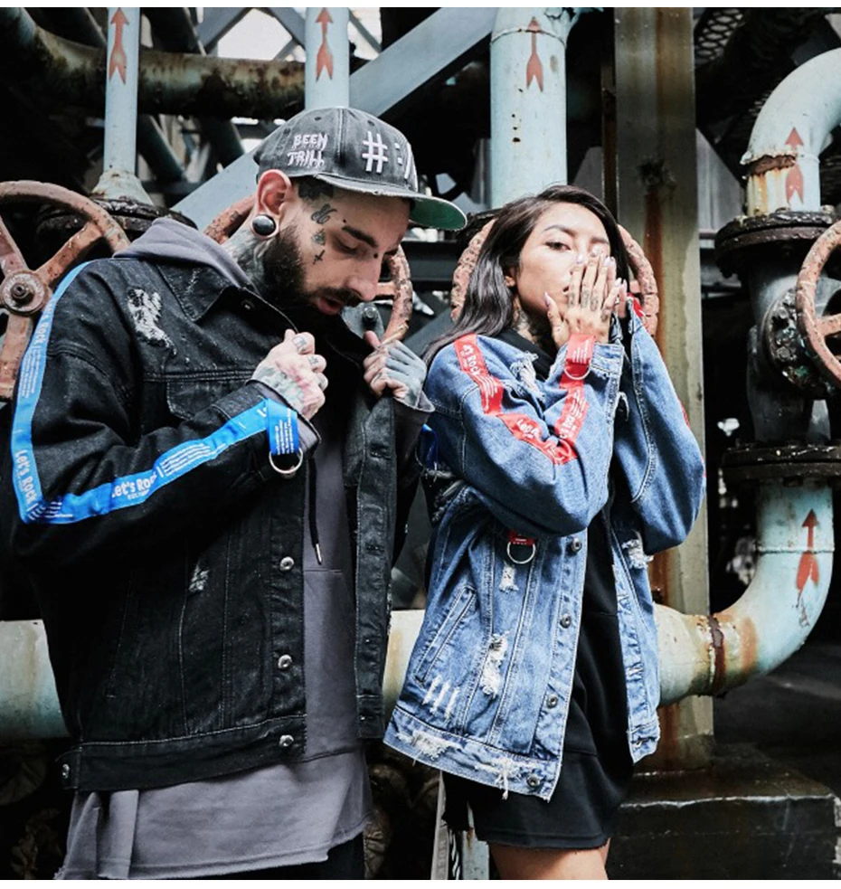 April MOMO одежда для пар джинсовая куртка для мужчин Hi-street ленты рукав рваные хип хоп куртка модные куртки пальто Hombre