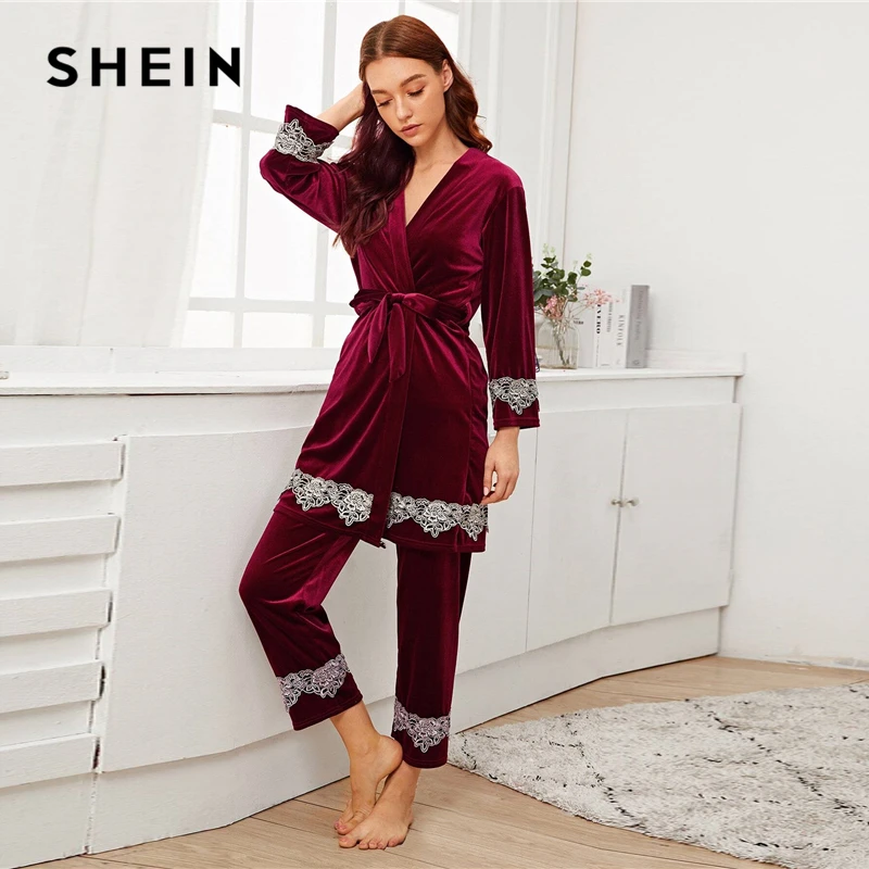 SHEIN однотонная контрастная кружевная бархатная Ночная рубашка на бретельках с пижамным комплектом и поясом халат, женская одежда для сна Весенняя эластичная Повседневная Ночная рубашка