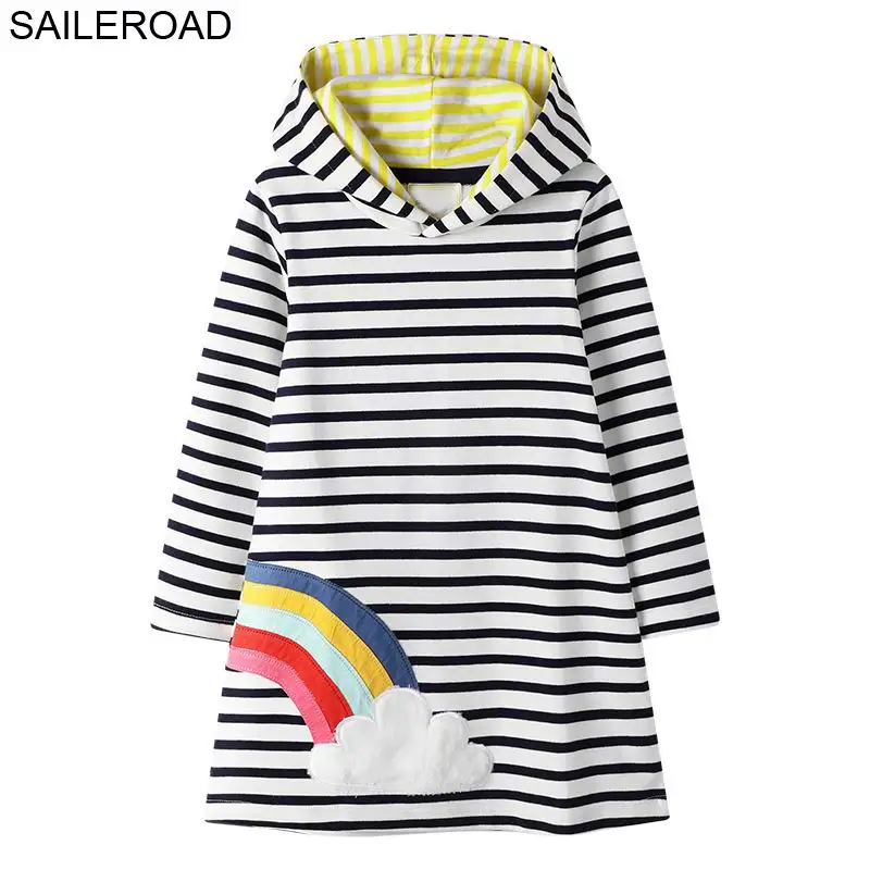 SAILEROAD Rainbow Embroidery Girls Hoodies Dress for Children Tops Clothes Autumn Winter Kids Long Sleeve Hoody Dresses | Детская одежда