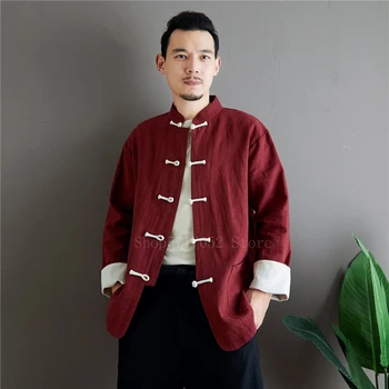 

Summer Chinese Tang Suit Top Men Traditional Clothes Retro Pure Color Buckle Linen Jacket Thin Stand Collar Shirt Kungfu Outfits