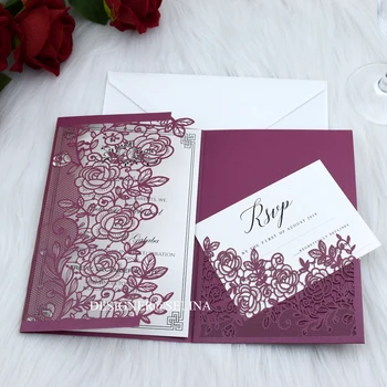 

50pcs Marsala Burgundy Wedding Invitation with RSVP Card Customized Personalize Printing Laser Cut Invites for Quinceanera