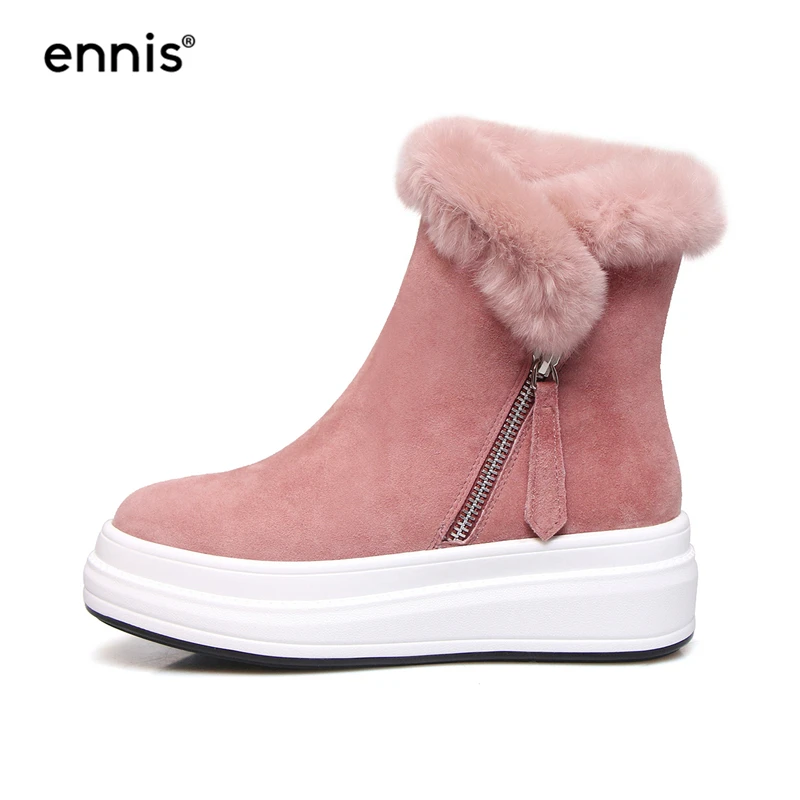 Pink Plush Inside ENNIS/зимние ботинки на натуральном меху; женские зимние ботинки; обувь на платформе розового цвета; женские Кожаные Замшевые ботинки на плоской подошве; теплая плюшевая обувь черного цвета; A9331 - Цвет: Pink Plush Inside
