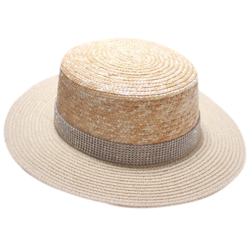 Trend Hats Men And Women Summer Straw Visor Seaside Vacation Color Matching Straw Flat Straw Hat Bright Diamond Hat Travel Beach