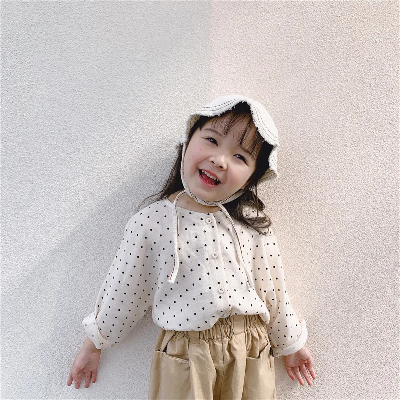 Korean style cute dot sigle-breasted shirts for fashion girls cotton 2 colors casual shirt clothes