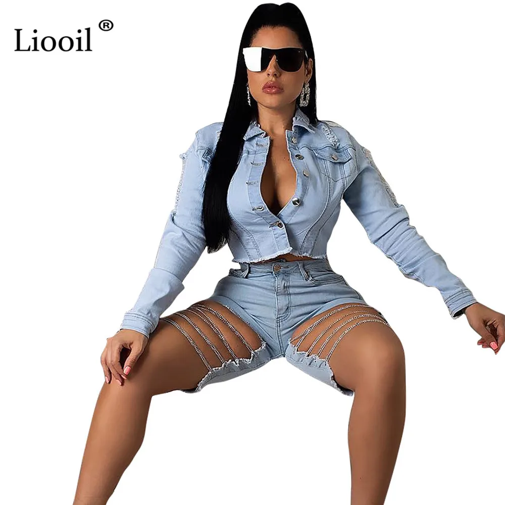 Liooil/комплект из двух предметов из джинсовой ткани; женские Клубные комплекты с цепочкой; сезон осень-зима; пикантные короткие пальто с длинными рукавами и пуговицами и открытой спиной+ шорты; большие размеры