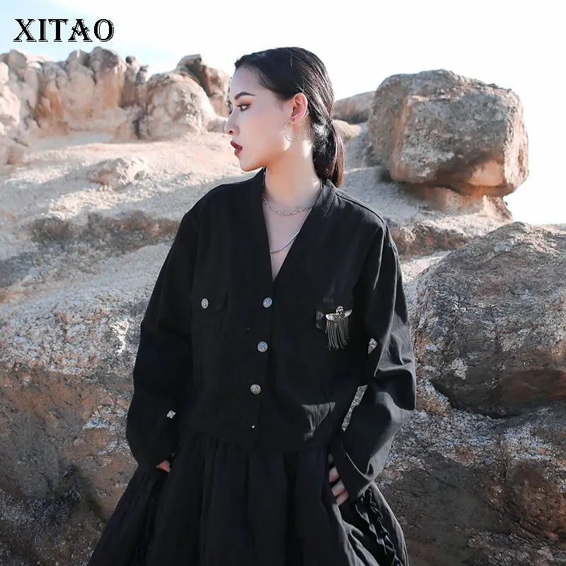 XITAO Tide Match All black куртка женская одежда 2019 модное короткое пальто с v-образным вырезом и длинными рукавами и кисточками Новинка осени в