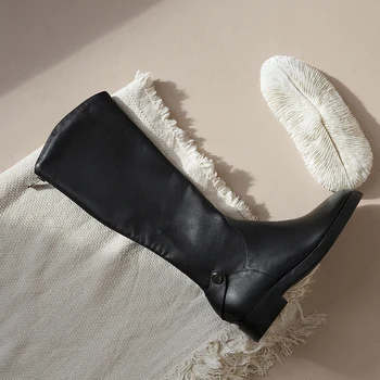 

Riding Boots for Women Antumn Winter Warm Genuine Leather Boots Basic Shoes Woman Side Zipper Round Toe High Boots