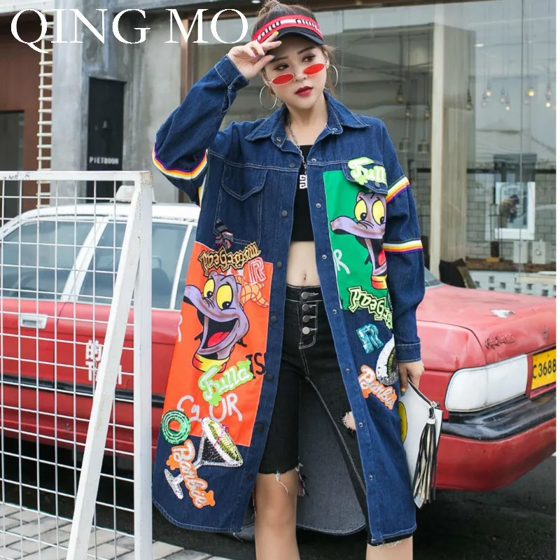 

QING MO Women Cartoon Animal Print Denim Coat Women Turn-down Collar Long Coat Casual Style Irregular Coat 2019 Autumn ZQY1273